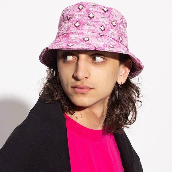 Unisex MCM Monogram Gradient Pink Jacquard Bucket Hat Fisherman Hat Logo OS